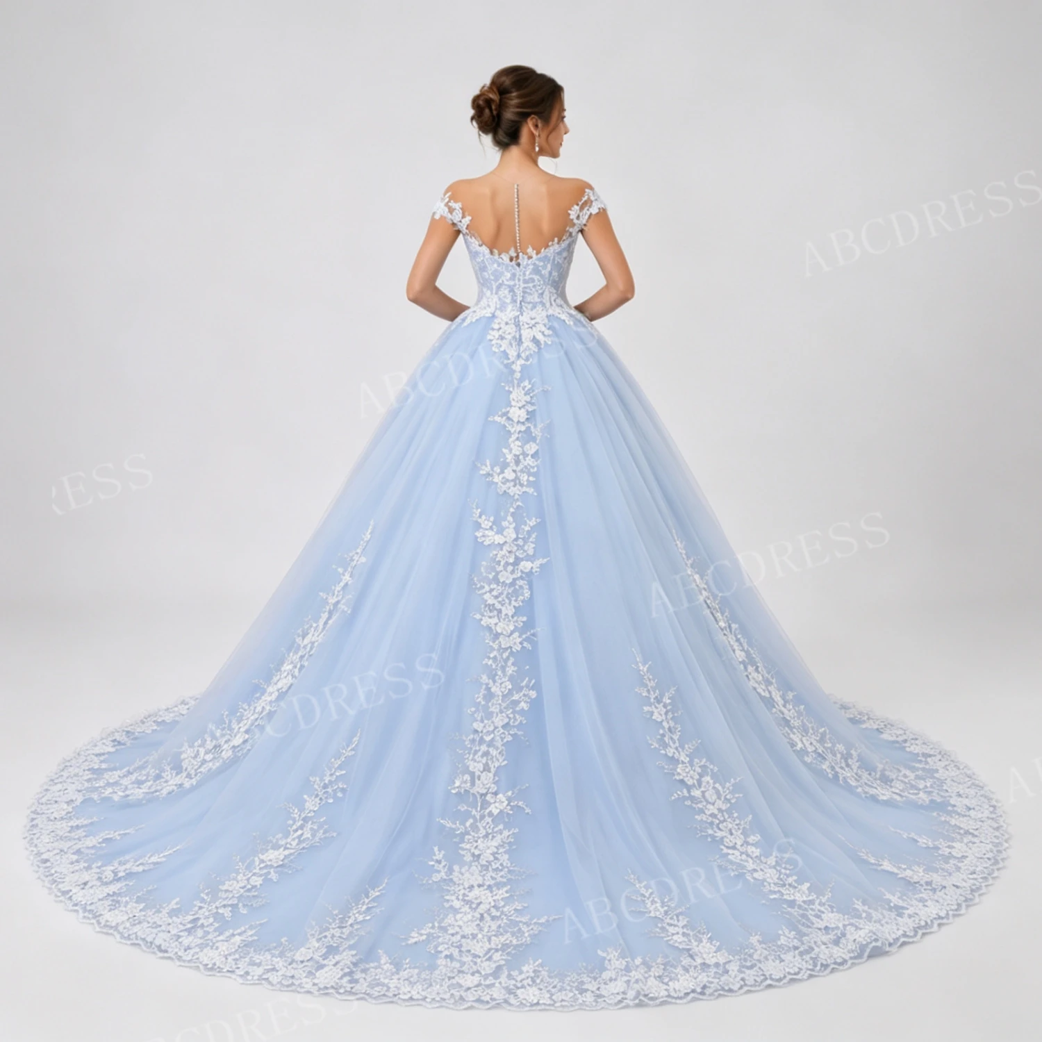 ABCDRESS Customized Off-the-Shoulder Ball Gown Lace Applique Blue A-Line Wedding Dresses Sweetheart Chapel Train Bridal Dress