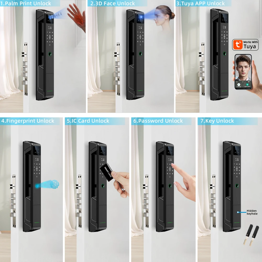 CDOK P8 Tuya WiFi Smart Lock, 21 Languages, Remote Video Intercom, Face Unlock, Black/Gray