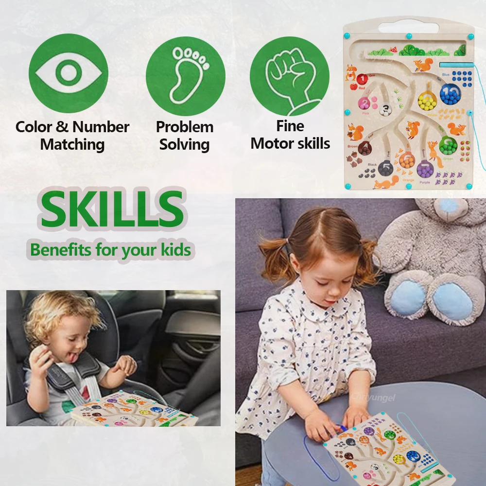 لعبة المتاهة المغناطيسية الخشبية من مونتيسوري، لعبة محرك رفيعة تعليمية، لوحة فرز الألوان والشكل، هدية للأطفال الصغار #4