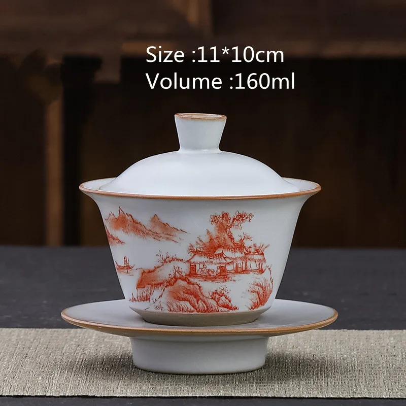 Ruyao Sancai Gaiwan Classic Garden Tea Bowl with Lid, Large Ceramic Retro Tureen