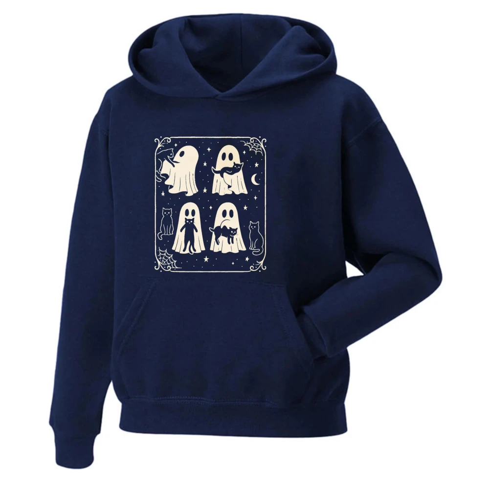 Halloween Black Cat Ghost Pullover Casual Fit Stars Moon Spiderweb Frame Hoodie Sweatshirt Spooky Crewneck Long Sleeve Top