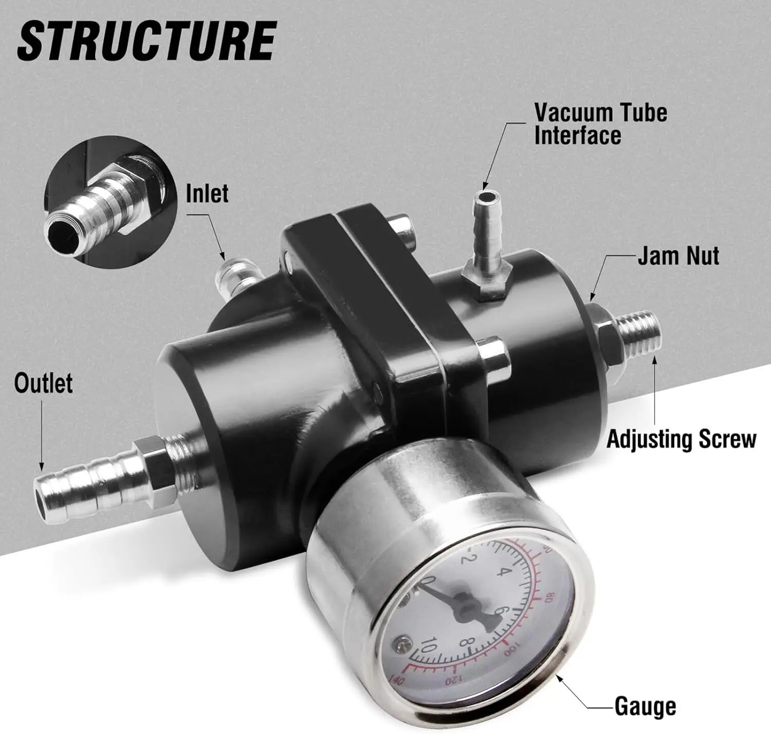 Regulator Tekanan Bahan Bakar Universal Aluminium yang Dapat Disesuaikan + Kit Pengukur + Fitting Hitam Biru Merah Perak