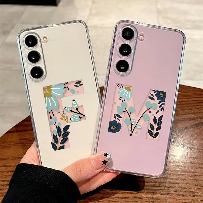 Art Initial Letter F To M Flowers Case For Samsung A56 A36 A26 A54 A52 A50 A70 A12 A14 A16 A22 A24 A42 A34 A32 5G A04s A06 Cover
