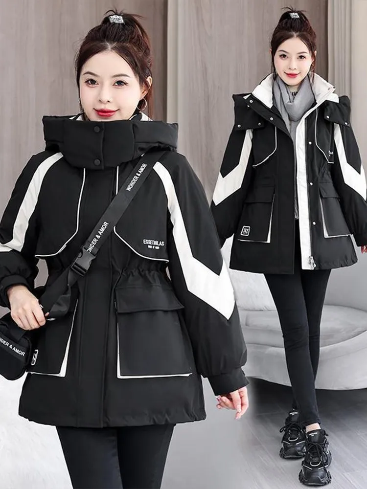 

Утепленная женская парка-пальто Thiened Workwear: зимняя куртка в корейском стиле с лоскутным дизайном, свободного кроя, на хлопковой подкладке