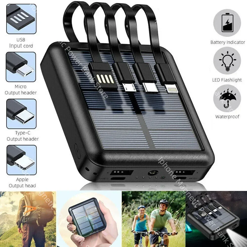 

New Portable Solar Power Bank with Cables 50000mAh External Battery Charger Cases Fast Charging for iPhone Series Samsung Xiaomi