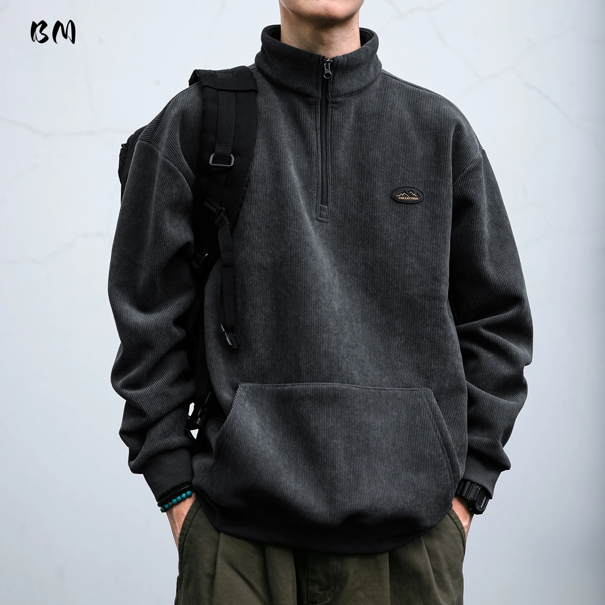 

Мужская японская винтажная вельветовая толстовка с воротником-стойкой на молнии, флисовый пуловер, уличная одежда большого размера, толстый топ, осень-зима