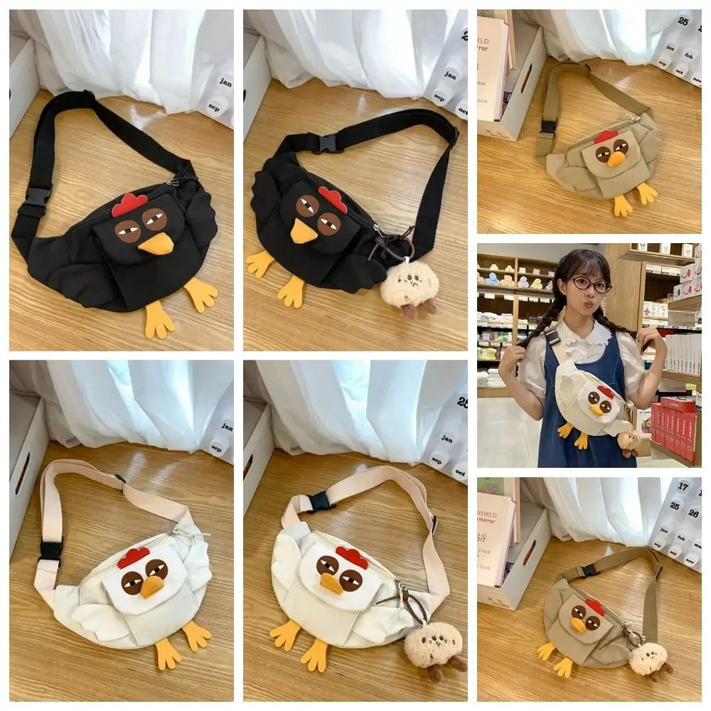 

Funny Nylon Chicken Chest Bag Adjustable Straps Plush Key Ring Hens Waist Bag Cute Large Capacity Kawaii Animal Purse School