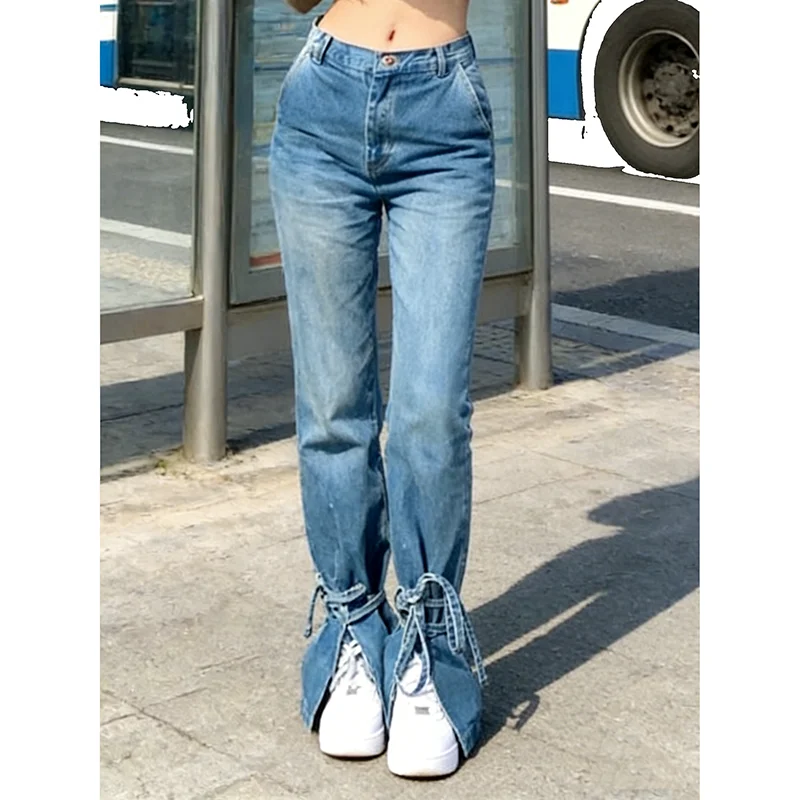 PBAP Vintage Strappy Straight Jeans Reaxled Fit Light Washed Pockets High Waist Split Pants School Casual Korean Woman Clothes