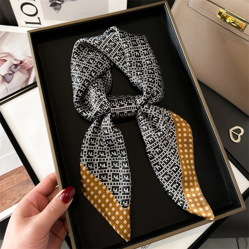 70X70cm Luxury Design Silk Scarf Women Hair Band Neckerchief Ribbon Hairband Tie Neck Bag Sunscreen Shawls For Mom Foulard Gift