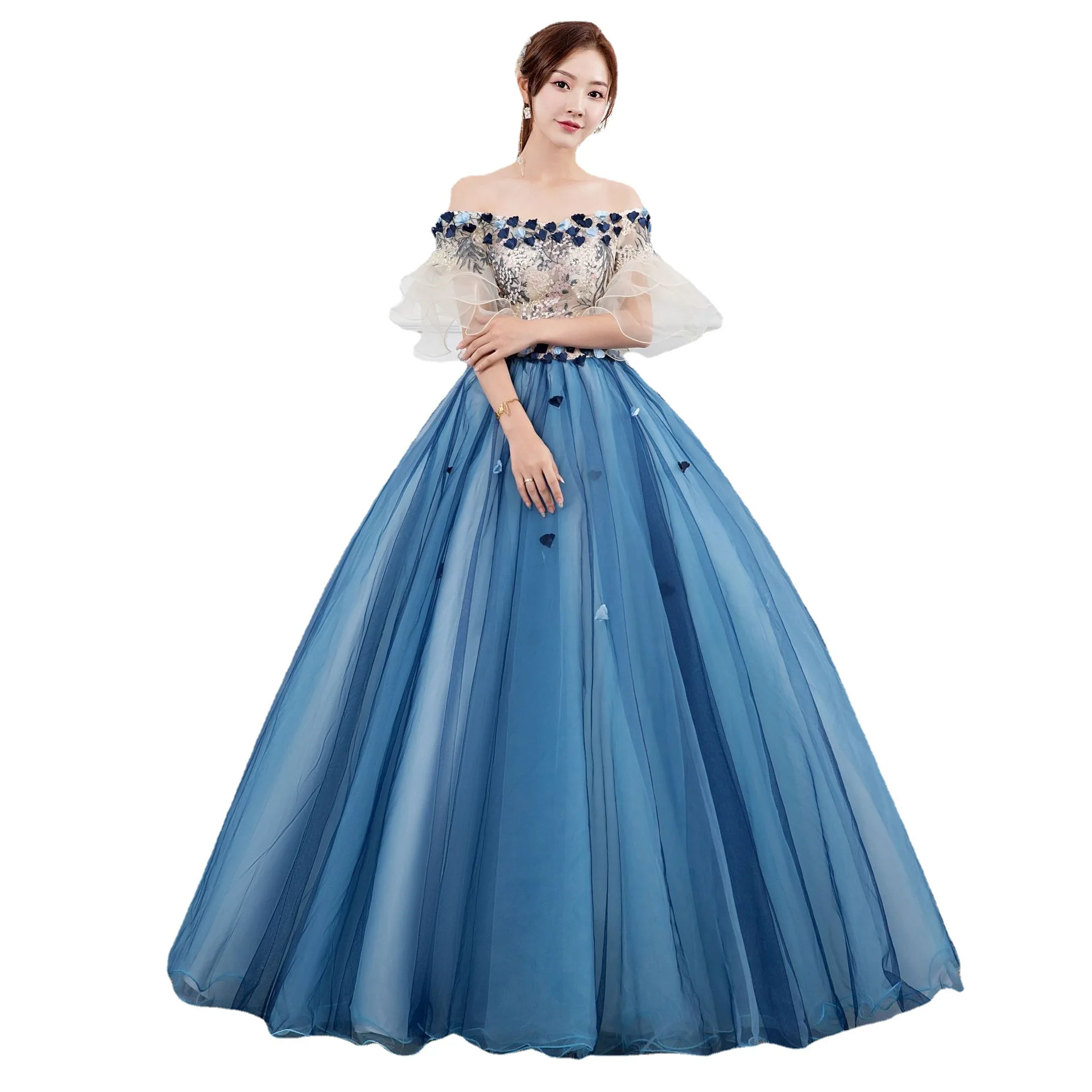 Customized Elegant Slash Neck Flower Appliques Slim Waist A-line Ball Gown Exquisite Floral Embroidery Appliques Gown Long Tiere