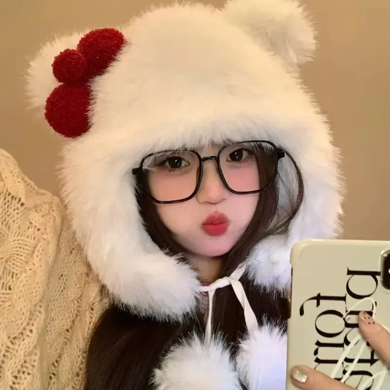 Korean Sweet Bow Plush Cap for Women Winter Girls Keep Warm Windproof Cat Ear Protection Hats Cute Pom-pom Beanie with Lace Bow