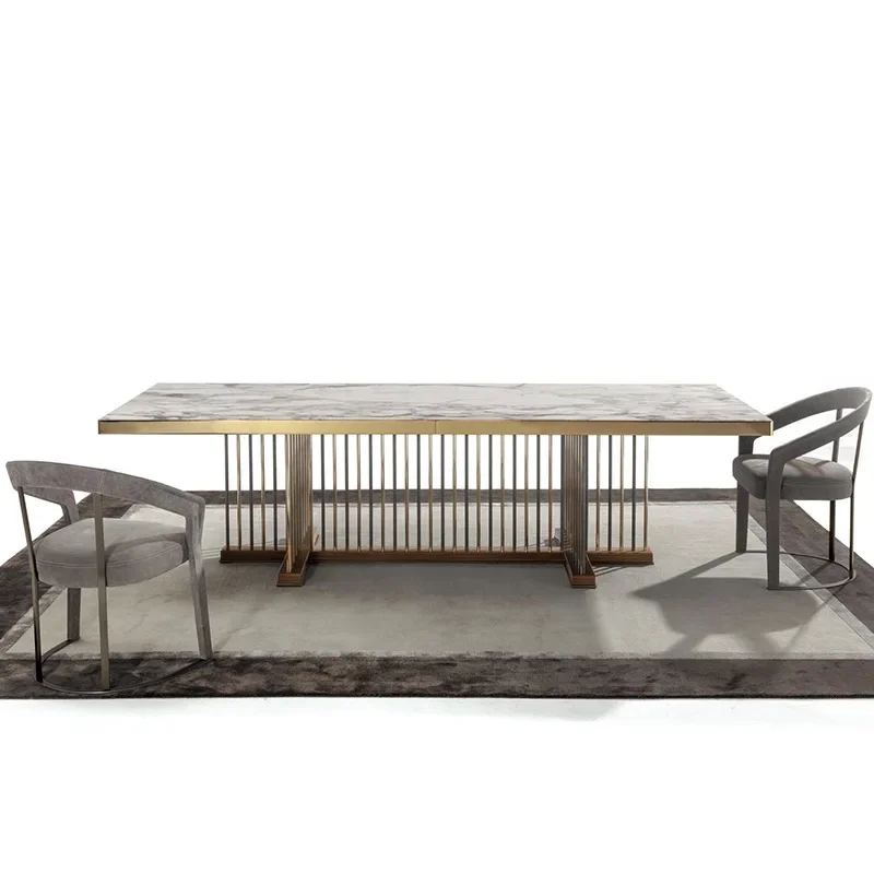 Light luxury Italian chair combination modern simple stainless steel rectangular marble dining table household dining table