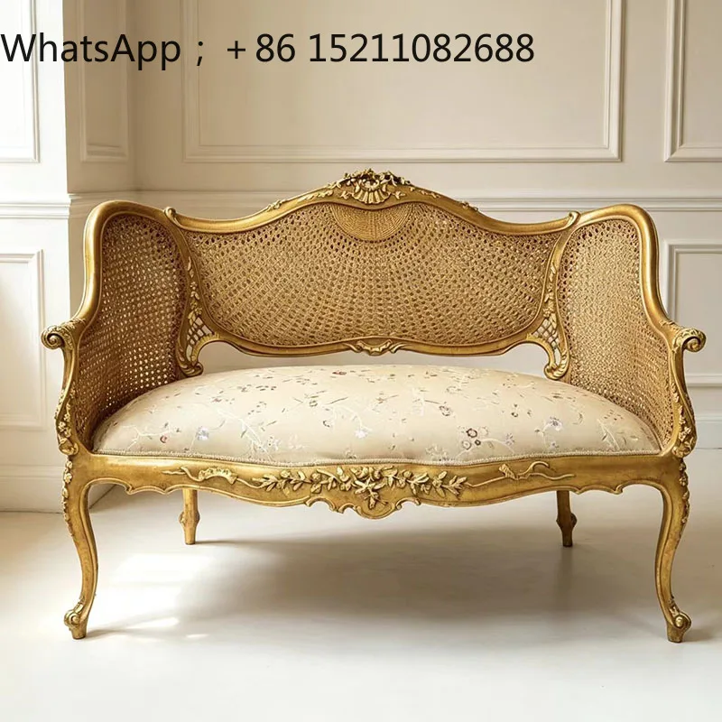 SCY retro solid wood carving flower double sofa chair living room backrest rattan leisure armchair studio shooting chair