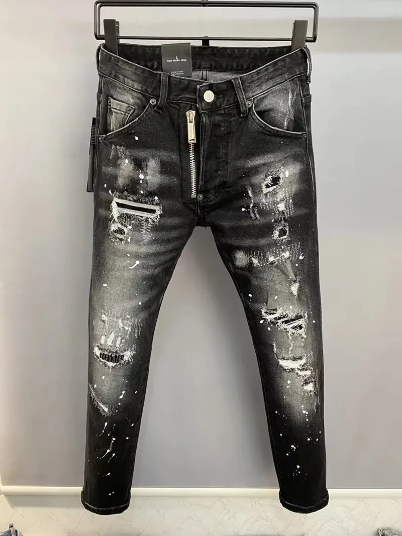 Fashion BRAND Men Jeans Denim Pants Hole Slim Pencil Trousers Metal Buttons Party Clothes Classics Fashionable Black