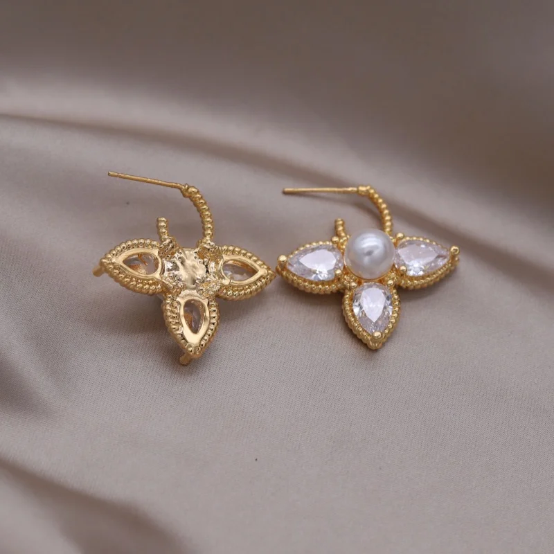 French new design fashion jewelry 16K gold plated luxury water drop zircon leaf pearl earrings elegant women\'s party accessories