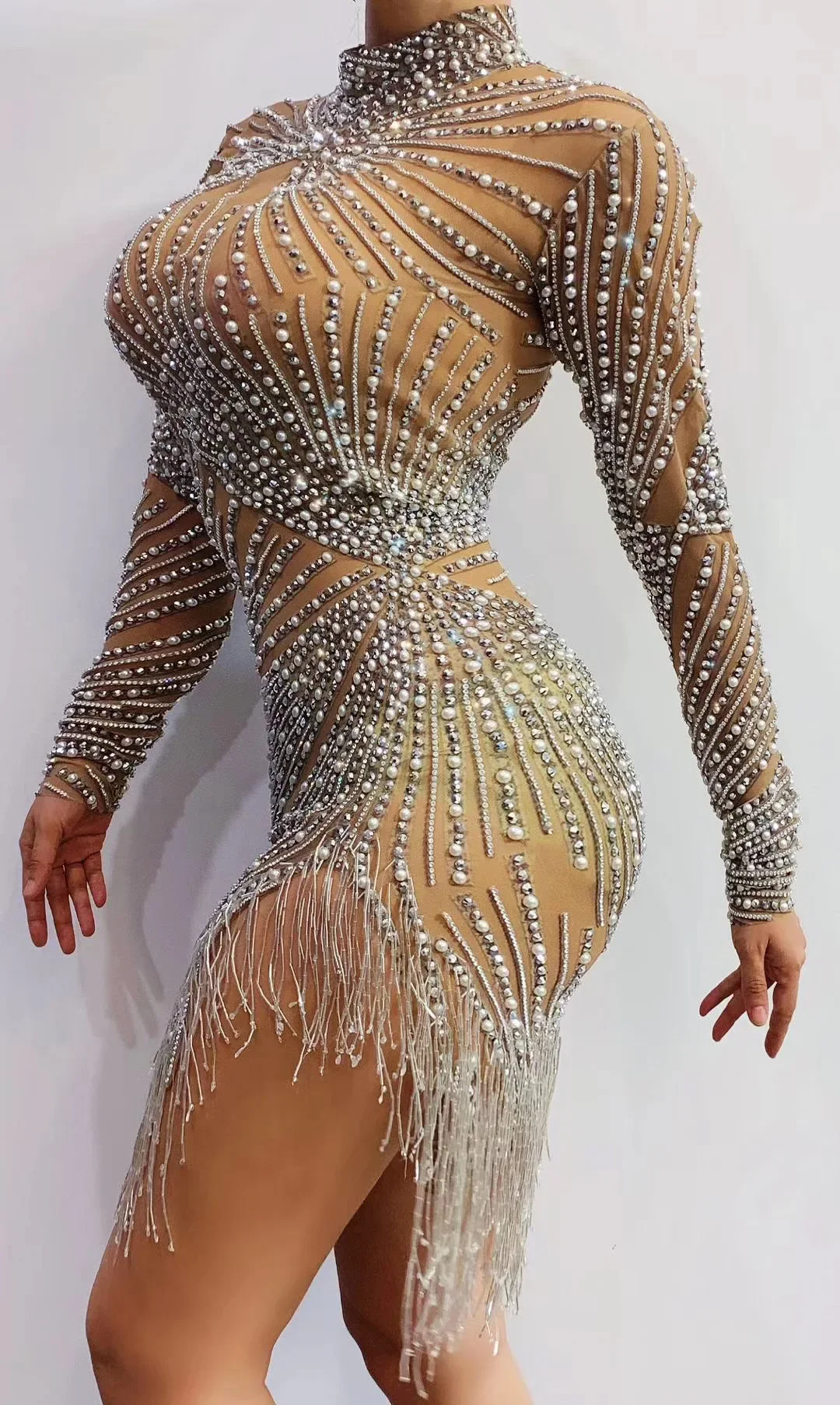 Shining Rhinestone Pearls Tassel Women Birthday Dress Tight Stretch Nightclub Costumes Drag Queen Outfit 2022 New