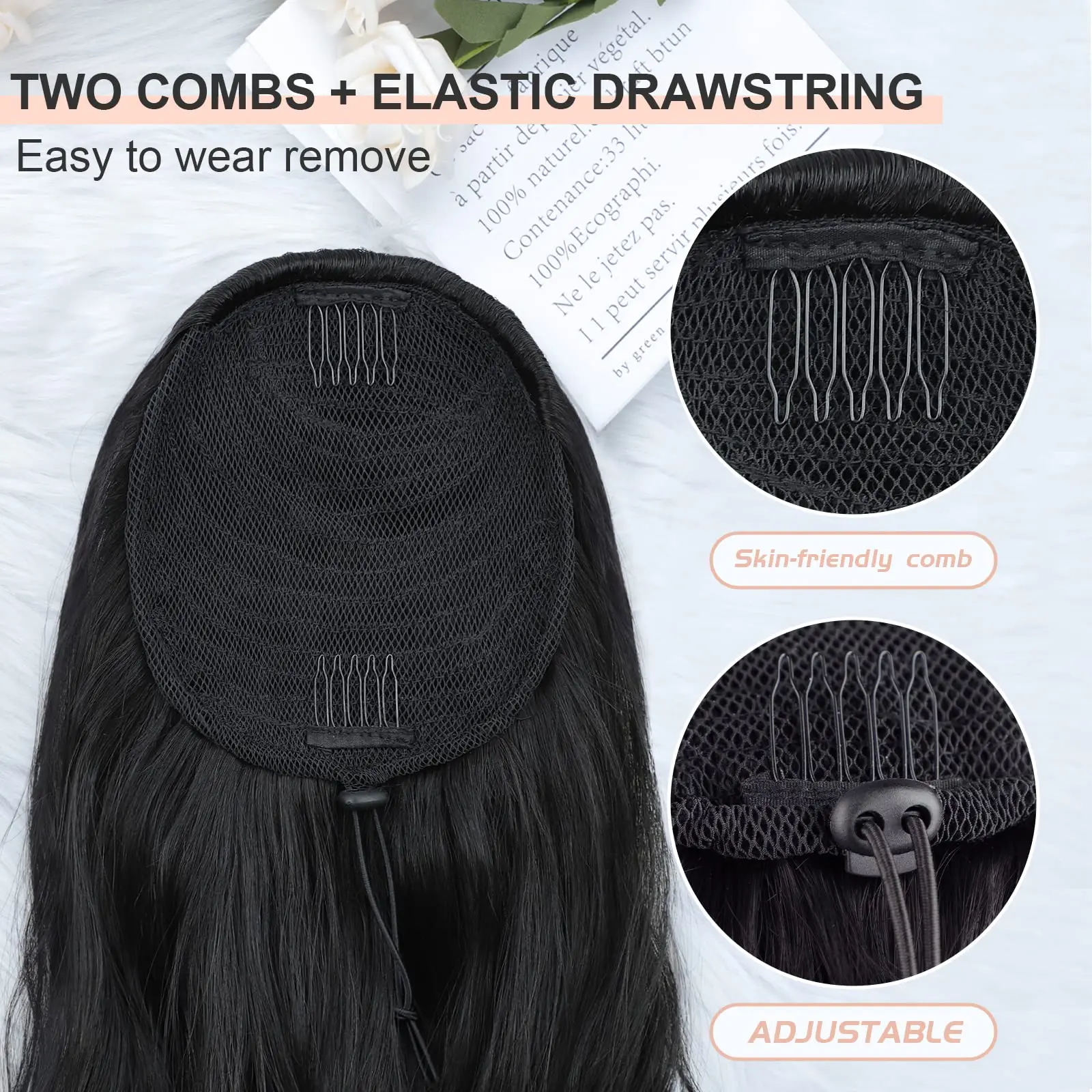 Extensiones de coleta larga con cordón negro sintético para mujer, cabello humano rizado, cabello resistente al calor para fiesta