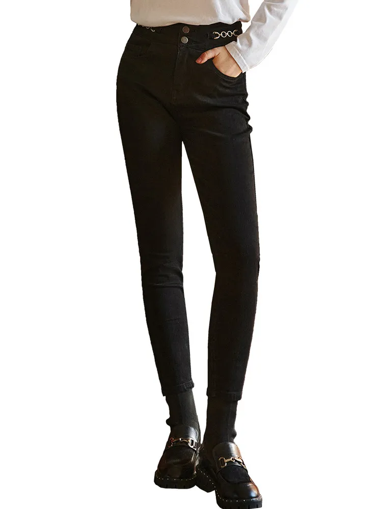 OLrain femmes noir jean moulant taille haute cheville longueur pantalon extensible décontracté coupe ajustée chaîne en métal dames pantalon O21DA56308