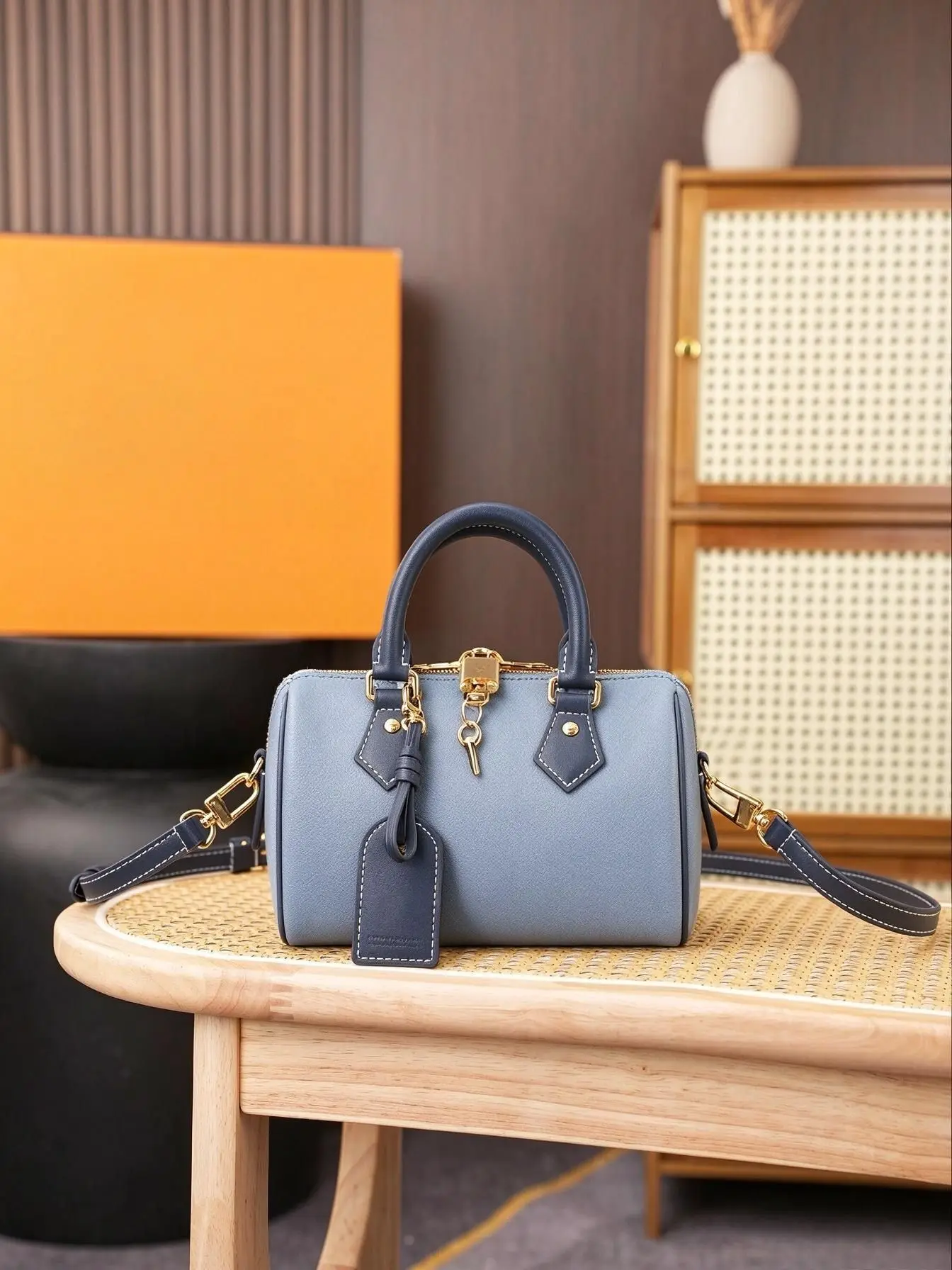 Blue Color Block Mini Boston Handbag for Women, Cylinder Small Purse with Lock Key & Luggage Tag, Detachable Long Strap Hand & Crossbody 2-in-1 Bag