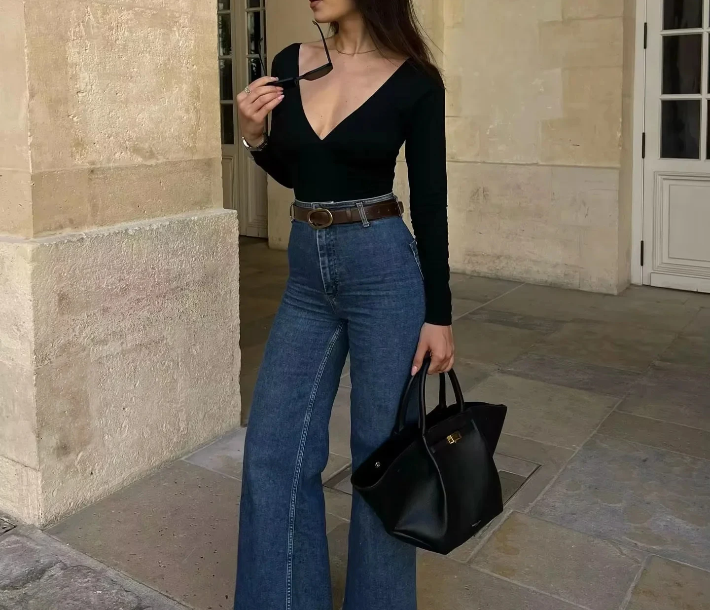 Spring New Women's Retro Faionable High Waist Elastic Navy Sle Flared Jeans High Wear Resistant Straight Leg Nine Points
