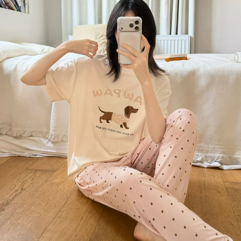 Korean Sweet and Cute Printed Dog Set 2026 Summer New Style Fashionable Casual Loose and Comfortable Home Clothes for Women
