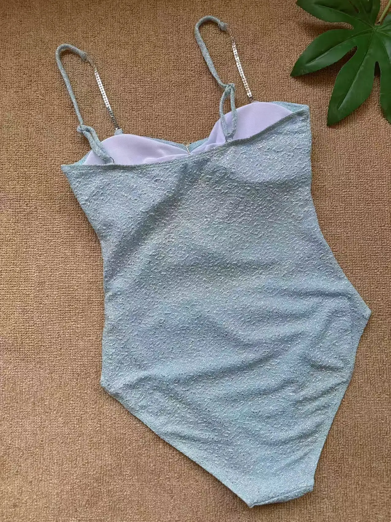 セクシーなグリッター、透かし彫りのワンピース水着、ラインストーン付きスカイブルーのプレーンビキニ、水着、ボディスーツ、女性用水着、ビキニ