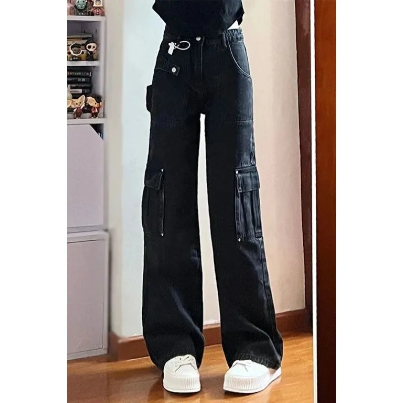 New Women's Black Cargo Pants Fall and Winter Multi-pocket Design Jeans Female High-waisted Straight Wide-leg Denim Trousers
