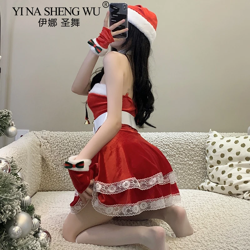 Christmas Sexy Plush Bunny Girl Uniform Cosplay Costume Velvet New Year Red Dress Nightdress RolePlay Outfits Underwear for Girl