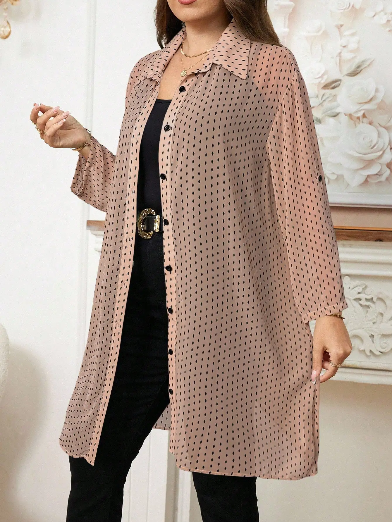 

Plus Size Women Casual Long Semi-Sheer Polka Dot Shirt With Roll Tab Sleeve