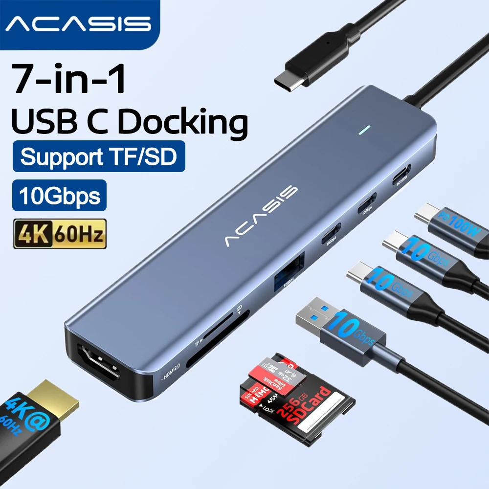 

Многопортовый USB-C концентратор Acasis 10 Гбит/с с адаптером HDMI 4K, поддержкой 4K@60Гц HDMI, питанием PD 100 Вт и док-станцией для карт SD/TF для MacBook и ноутбуков