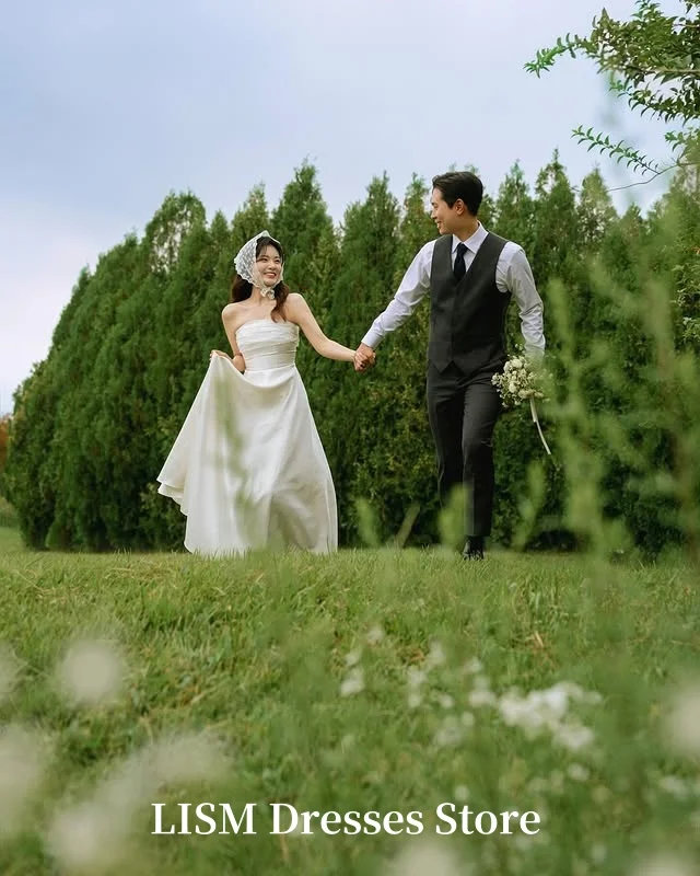 LISM Strapless A-Line Korea Wedding Dresses Simple Silk Satin Customized Elegant Long Bridal Gowns 웨딩드레스 Photo Shoot