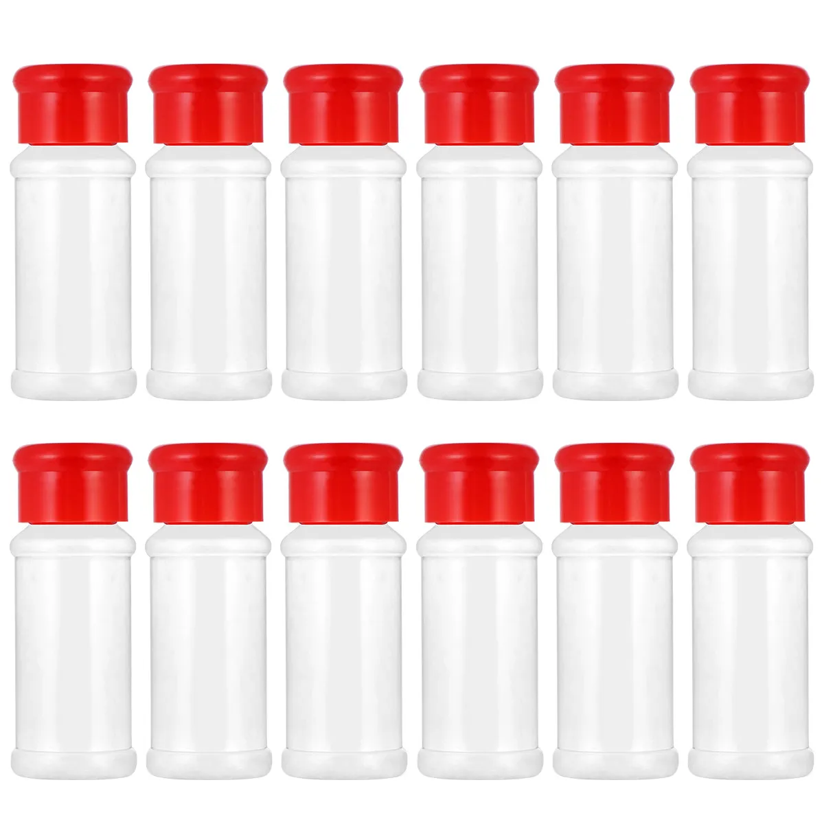12Pcs Plastic Spice Shakers Set with Rotating Lid Food Grade Transparent Seasoning Jars for Salt Pepper Sugar Cheese Cocoa