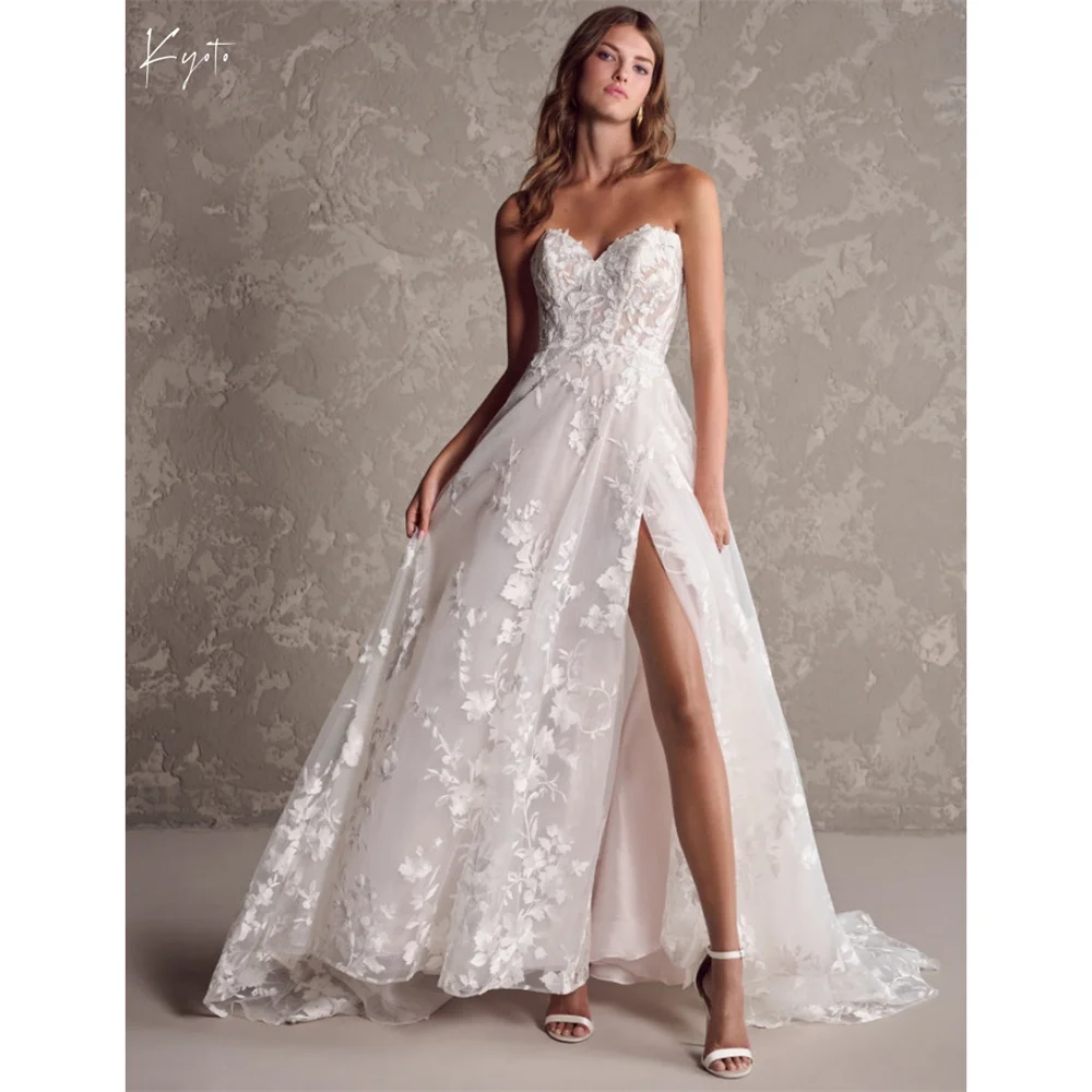

Kyoto Customize Sweetheart Lace Appliques Wedding Dress Detachable Puffy Sleeves Side Split vestidos de novia Low Back Formal