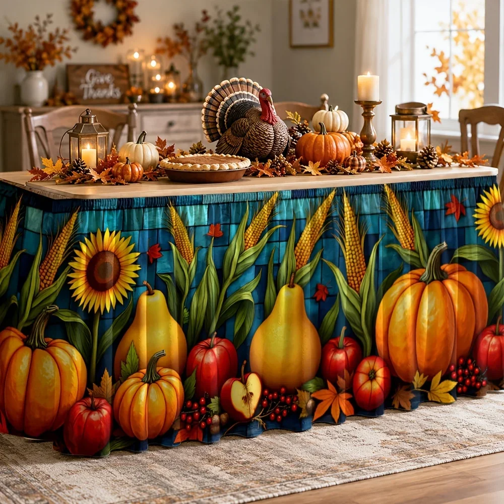One table skirt. Autumn harvest table skirt. Polyester country style. Comfortable and cozy. Attracts people.