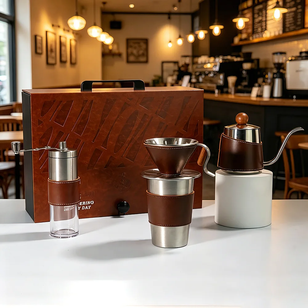 Coffee cup set with high-end feel, hand brewed coffee pot leather gift box, and a manual coffee grinder for customers as a gift