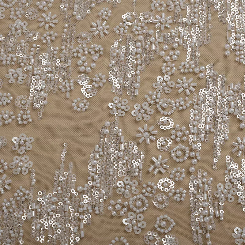 New Luxury Heavy Duty Pearl Sequins Mesh Beaded Lace Fabric Wedding Dress Fabric