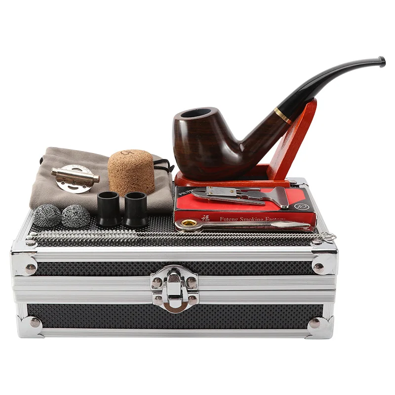 Vintage Black Ebony Wood Tobacco Pipe Kit Complete Smoking Tools Set with Aluminum Alloy Gift Box Upgraded Version