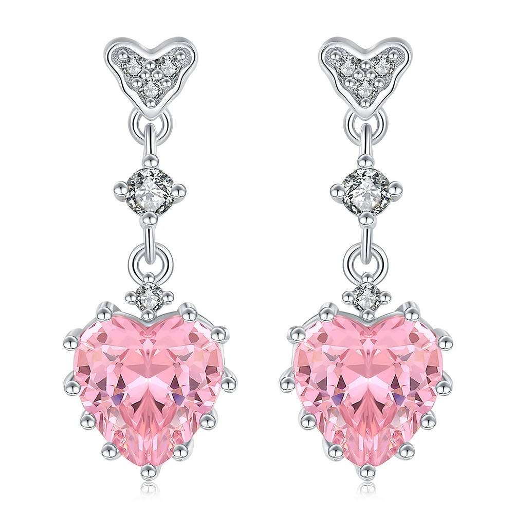 Orecchini in argento Sterling 925 con cuore d\'amore rosa scintillante con zirconi gioielli di fidanzamento regalo di compleanno per la festa della