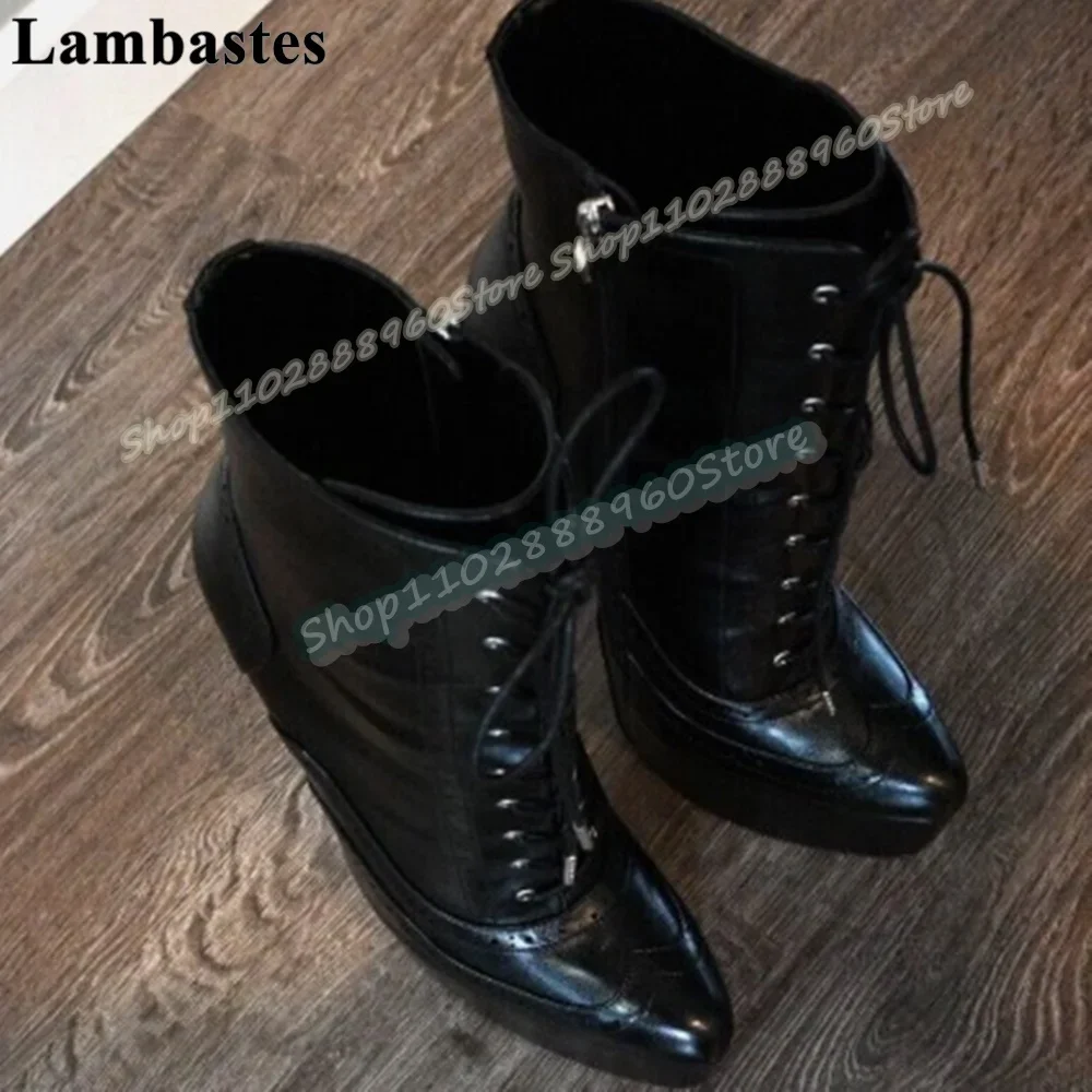 

Black Platform Cross Tied Metallic Heel Ankle Boots Super High Heel Women Shoes Side Zipper Pointed Toe Sexy Party Casual Boots