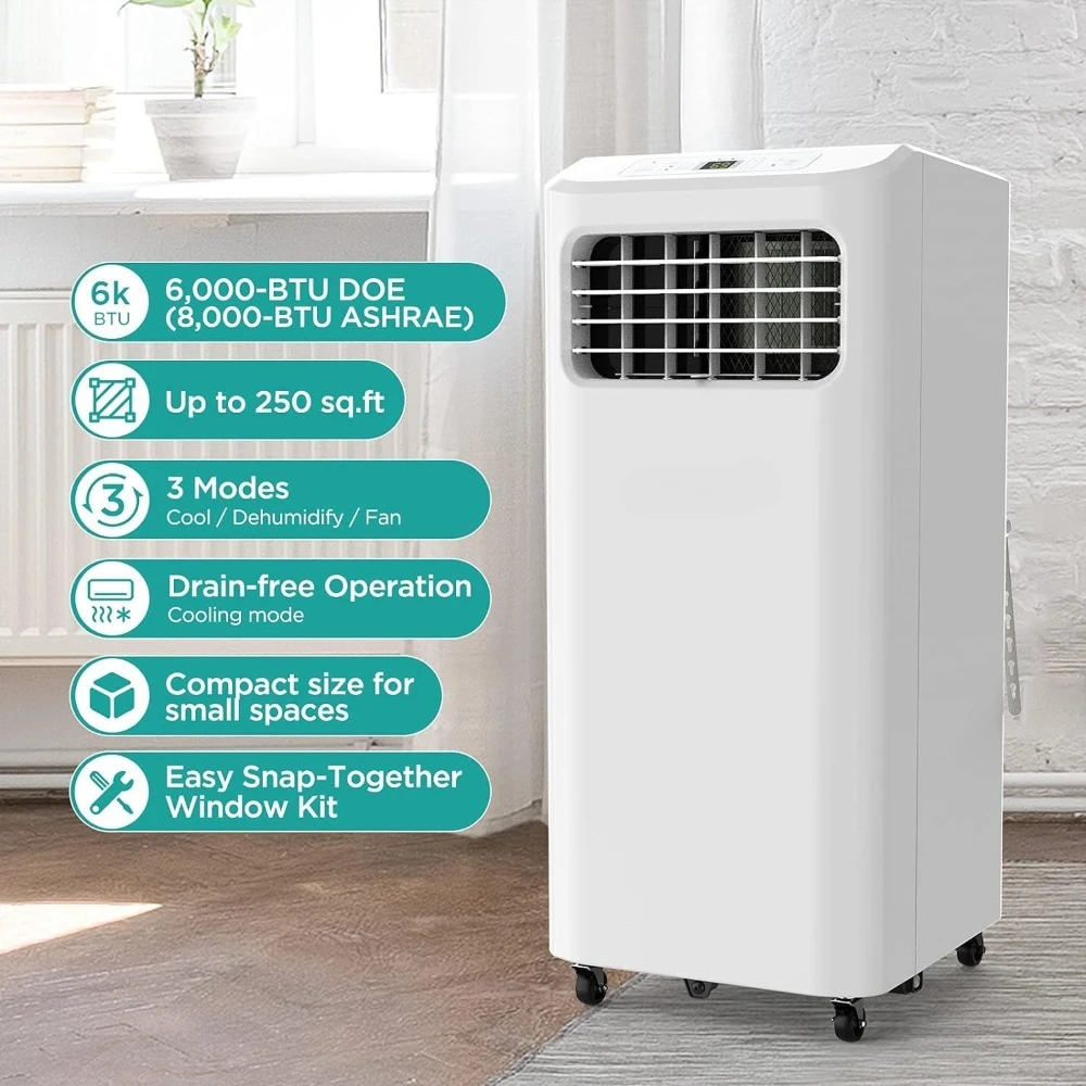 Air Conditioner 6,000 BTU Cooling Dehumidifier Fan for Smaller Room Up To 250 Sq Ft, Remote Control