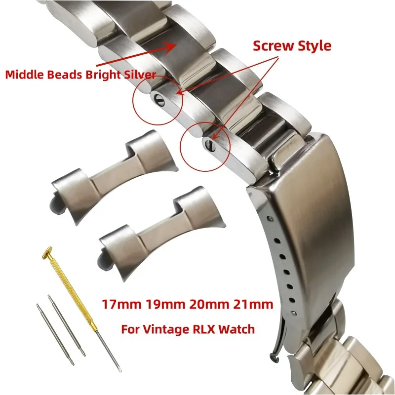 Screw Stainless Steel 17mm 19mm 20mm 21mm Silver Vintage Oyster Curved End Watch Strap Band Fit for RLX Watch SUB GMT YATC