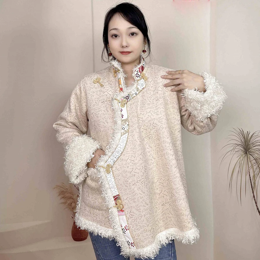 Autumn and Winter Tibet Trend Jacket Handmade Gold Buckle Classic Gold Edge Velvet Overcoat  Tibetan Cotton Coat for Women