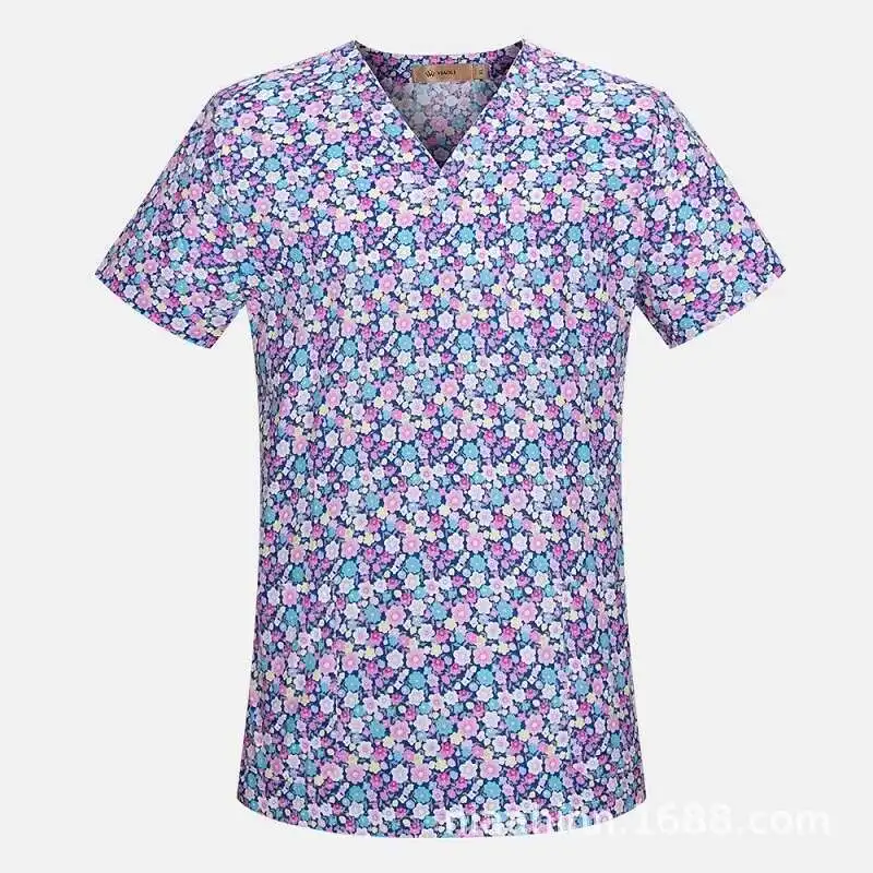 Women's Animal Short Sleeve V-Neck Carer Top Nurse Uniforms Woman Tops Beauty Salon Working Uniform Cartoon Print Workwear