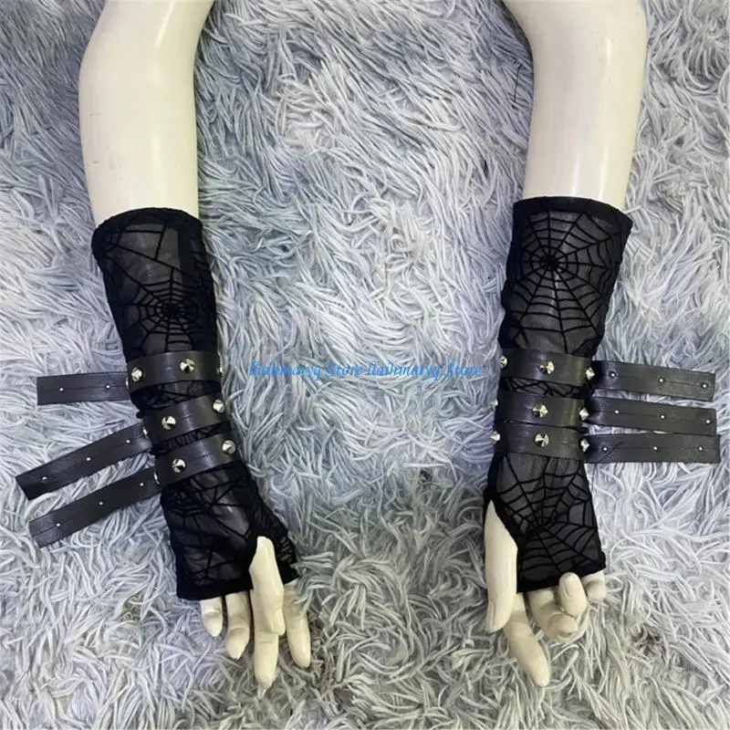 573B Arm Protector Adjustable Rivets Accent Lace Bracelet For Alternative Fashion Wear