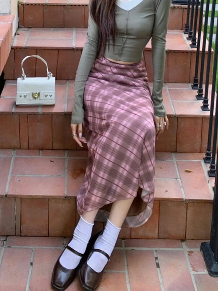 2026 Spring Autumn New Fashion Versatile Skirts European American Style Vintage Plaid Mesh High Waist Women Bodycon Skirt