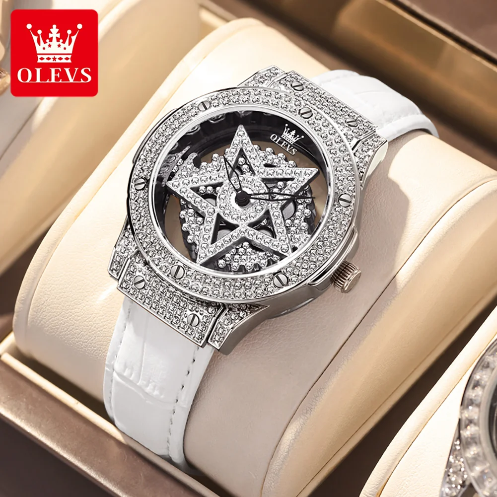 

OLEVS Diamond Watch for Women Waterproof Breathable Leather Strap Female Pentacle Snowflake Rotates the Dial Luxury Quartz Watch