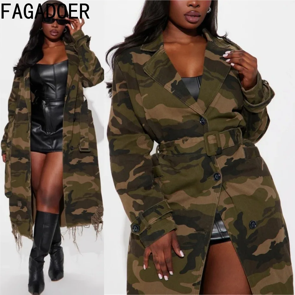 

FAGADOER Streetwear Camouflage Long Coats Women Fashion Long Sleeves Buttons Hole Tassels Patchwork Coats Jackets 2025 New