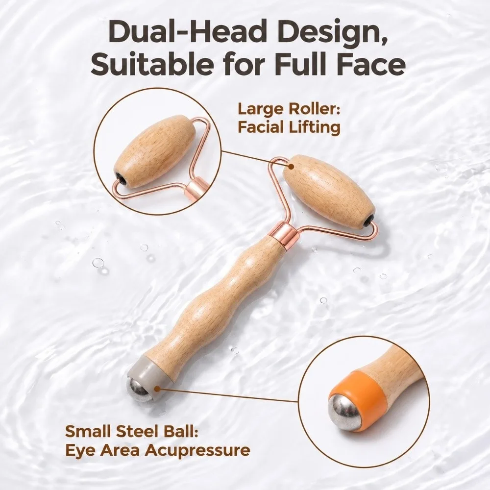 Bamboo Wood Face Massage Roller Dual End Curved Bracket Handheld Roller Metal Ball Polished Handle Facial Massage Stick Eye Care