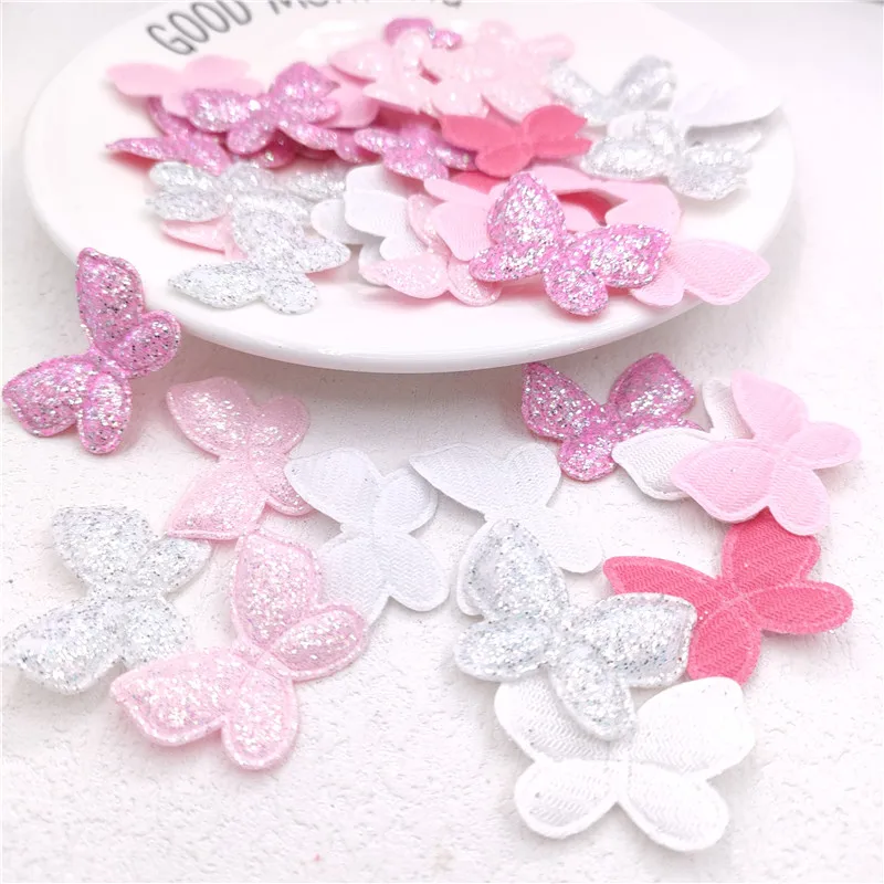 100Pcs/Lot 3*2.5CM Shiny Fabric Butterfly Padded Appliques For DIY Handmade Children Headwear Garment Accessories Patches