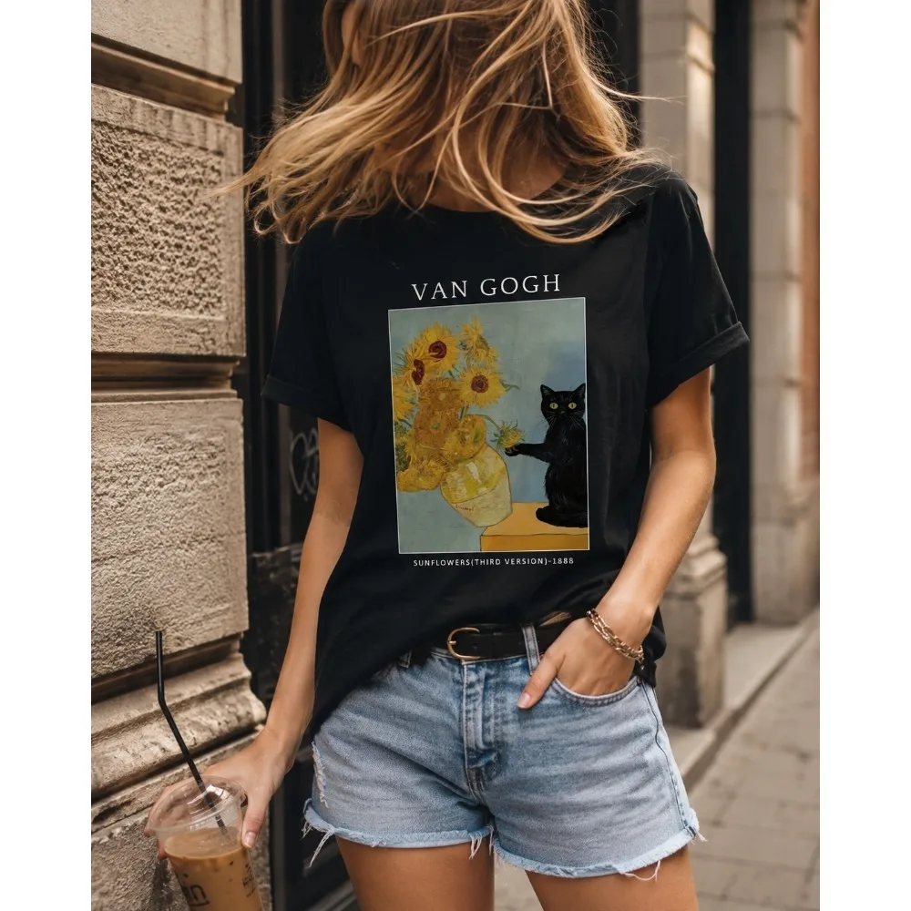 2026 Fashion New Cat Retro Oil Painting Sunflower Pattern Casual Party Women T-Shirt Geometric Print Crew Neck Short Sleeve